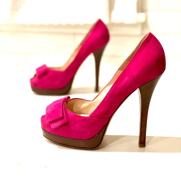 Fendi Shoes - Fendi authentic fuchsia peep toe bow platform stacked heel pump 38 size 8